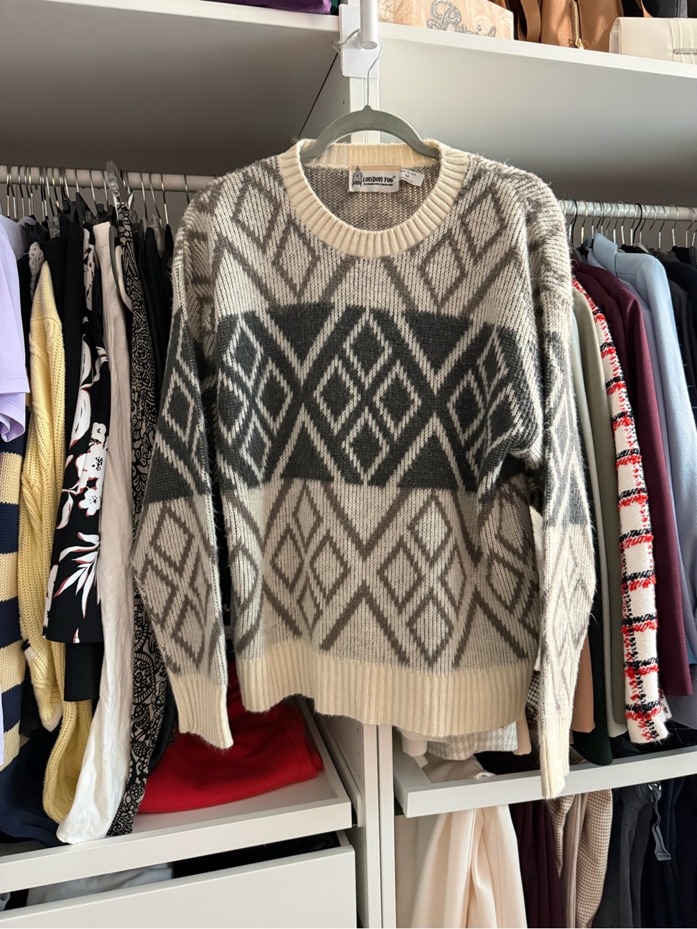 London Fog Vintage Cozy Geometric Knit Sweater - Cream & Gray